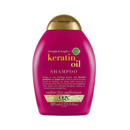 شامپو روغن کراتین او جی ایکس مدل strength length حجم 385 میل بلند کننده و ضد موخوره مو